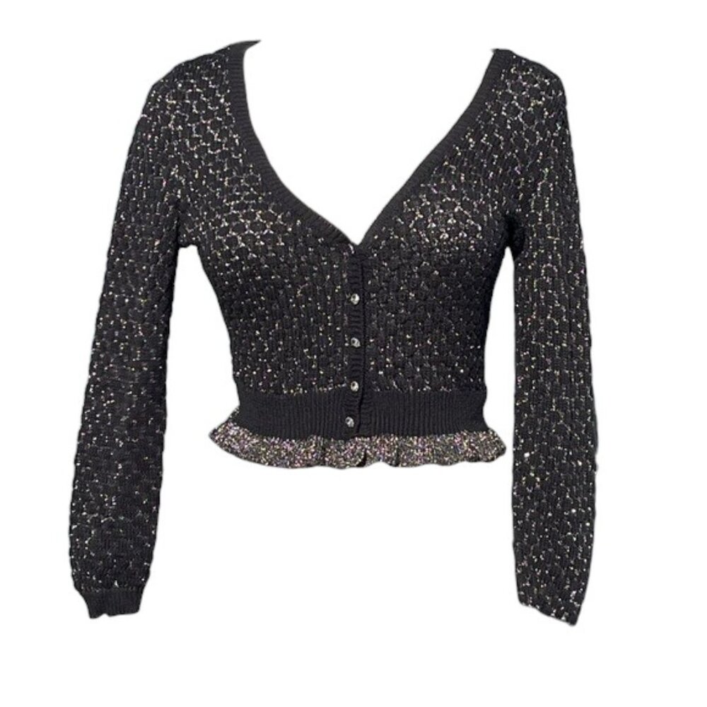 Betsey Johnson Y2K Vintage Black Metallic Crop Ruffle Cardigan Sweater NWT